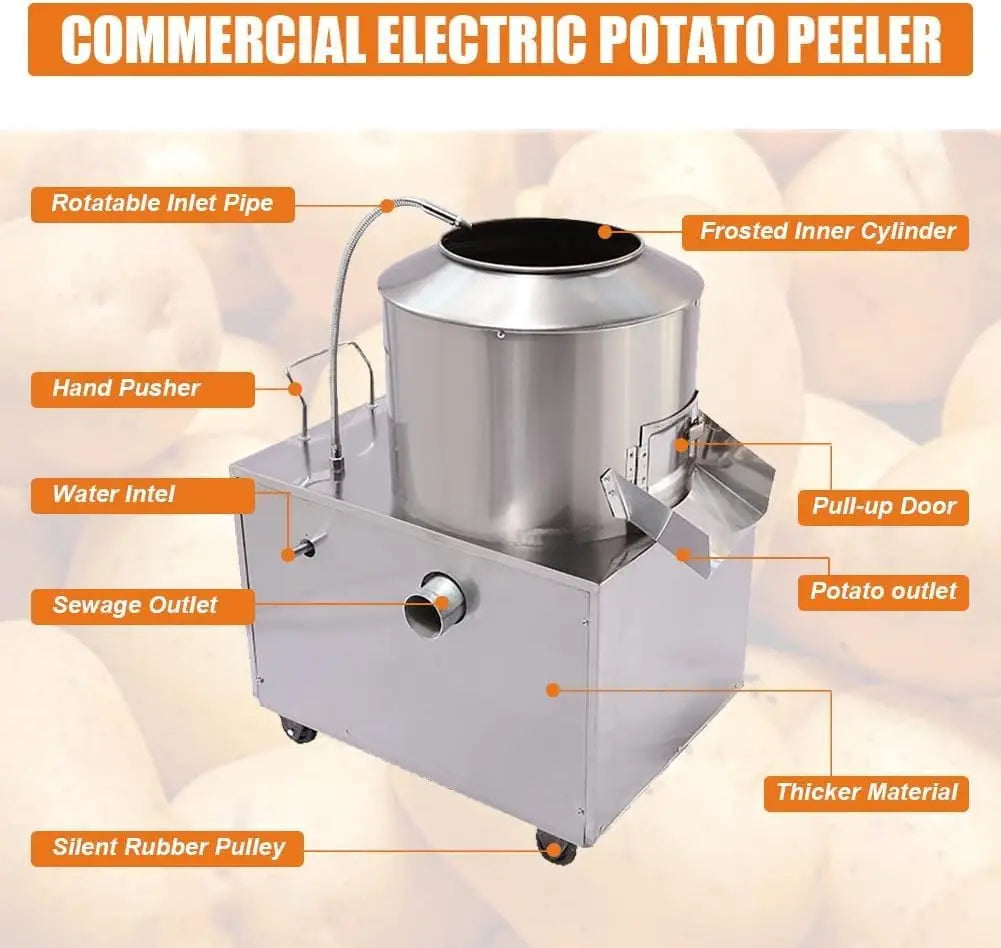 HPDMC Commercial Electric Potato Peeler 1500W Automatic Washer with Caster Wheels 430 Stainless Steel for Kitchen Use