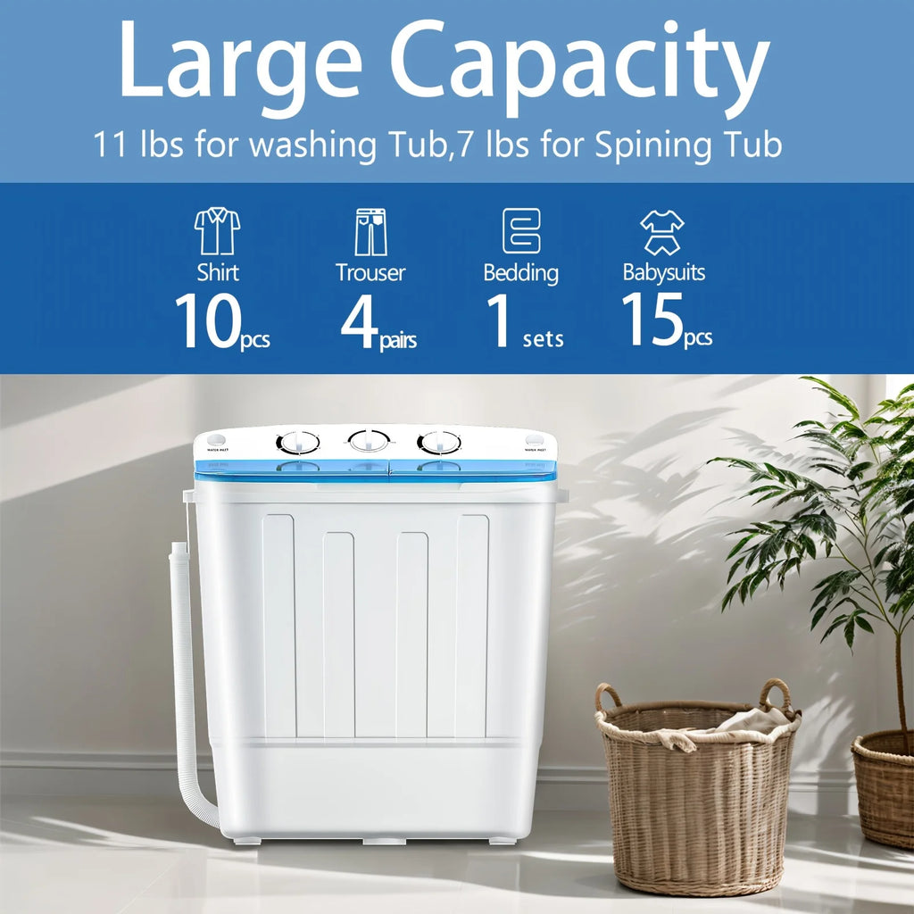18lbs Compact Mini Twin Tub Washing Machine With Drying Rack, 11lbs Washer Mini Compact Laundry Machine And 7lbs Spinner, 1300RPM, Convenient And Efficient For Dorms, Apartment
