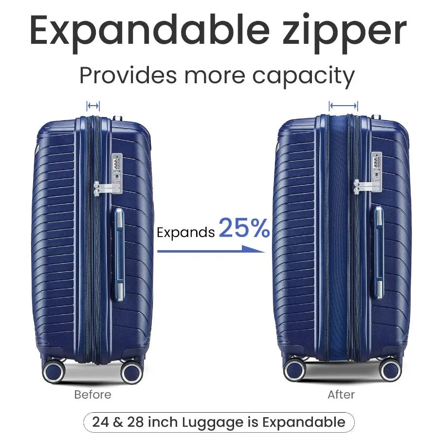 Travel luggage set: 4-piece expandable lightweight suitcases 14/20/24/28 inch , PP material, black, 360 mute spinner wheels, TS
