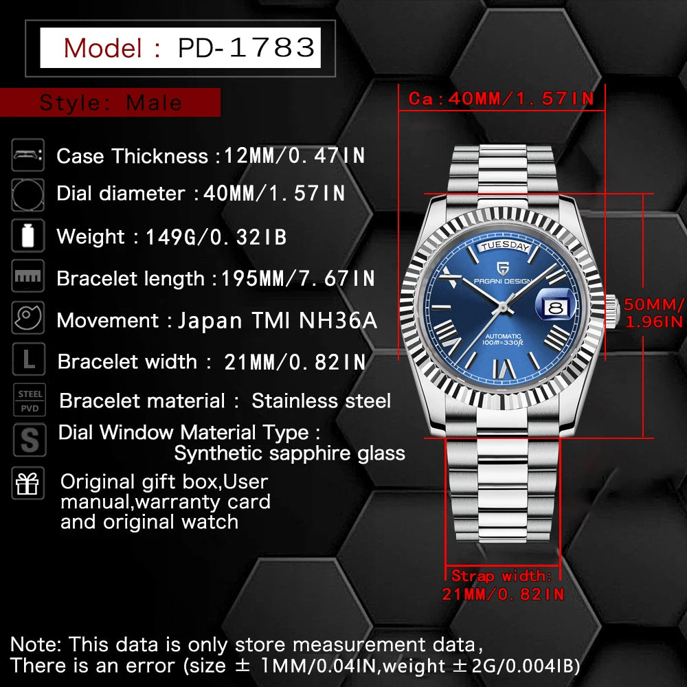 PAGANI DESIGN Luxury Men's Automatic Watches 40mm NH36A Mechanical Stainless Steel Wrist Watch for Men 100M Waterproof AR Coatin