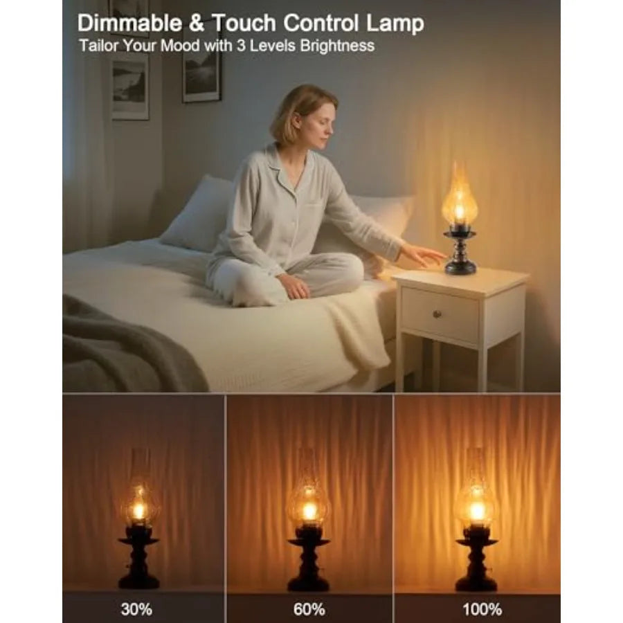 Vintage Rechargeable Cordless Table Lamp with Dimmer and Touch Control, Small Battery Powered Lights, Amber Hand-Blown Glass Re