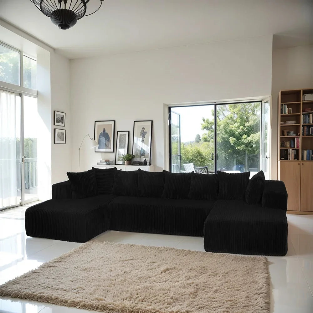 U-Shaped Sectional Sofa,130-inch 4-Seater Chaise Lounge with Striped Corduroy Fabric  Customizable Living Room or Bedroom Couch