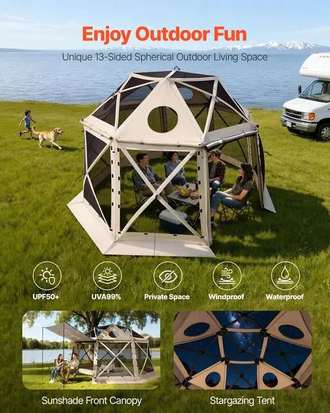 Pop up Gazebo Screen Tent, 12 x 12 ft, 13-Sided Spherical Camping Canopy Tent with Removable Top & Carry Bag, Quick-Set