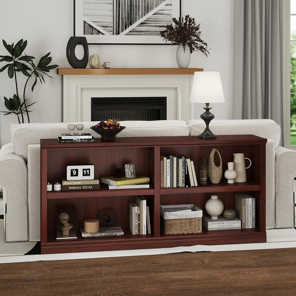 64 Double Wide 2-Tier Bookshelf with 4 Cubes, Cherry Wood, for Home and Office Storage and Display