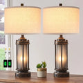 Rustic Vintage Table Lamp with 2 USB Ports, Glass Night Light, 4 Bulbs, Bronze Finish