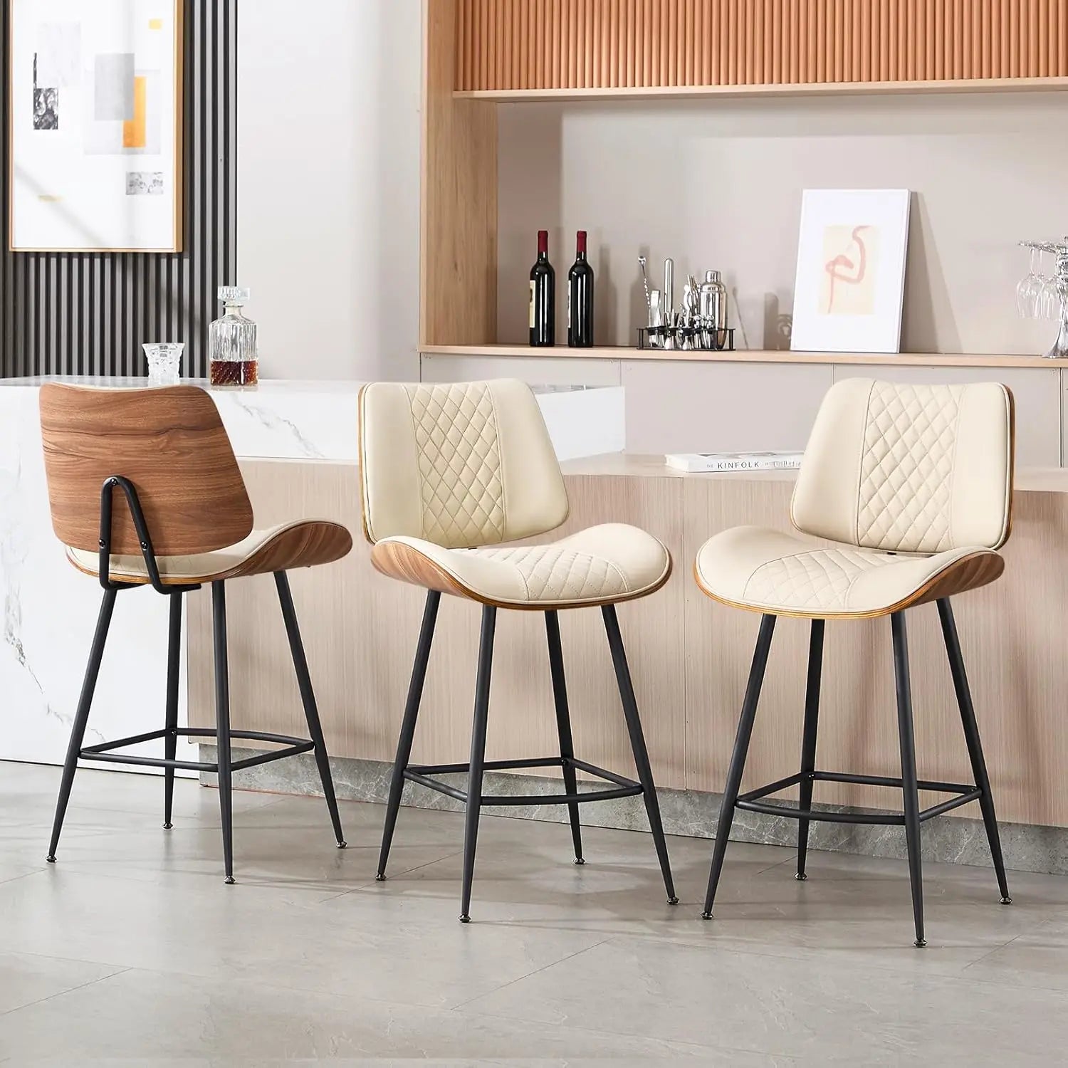 Counter Height Barstools Set of 3, 26.9" Armless Stools with Metal Legs, Walnut Pub Chair in Modern Style, Customized