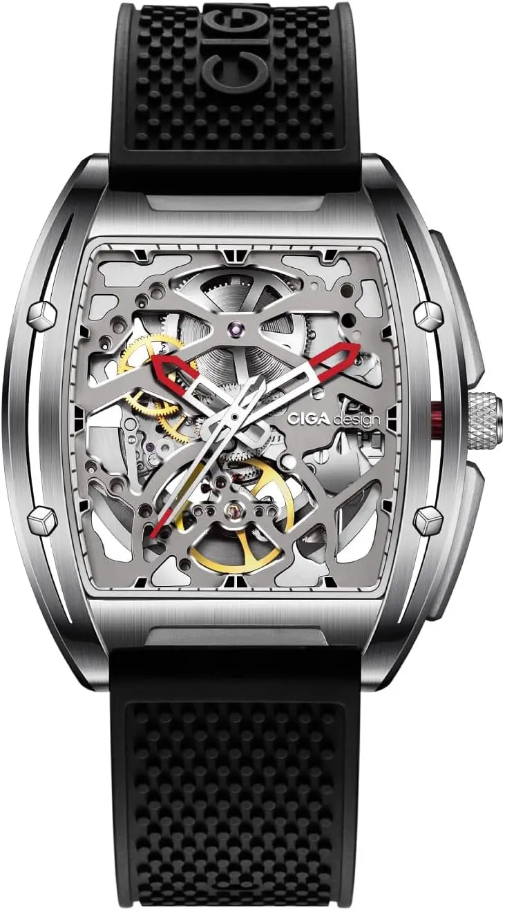 Automatic Skeleton Watch with Silicone Strap, Stainless Steel Waterproof Dress Timepiece for Men and Women