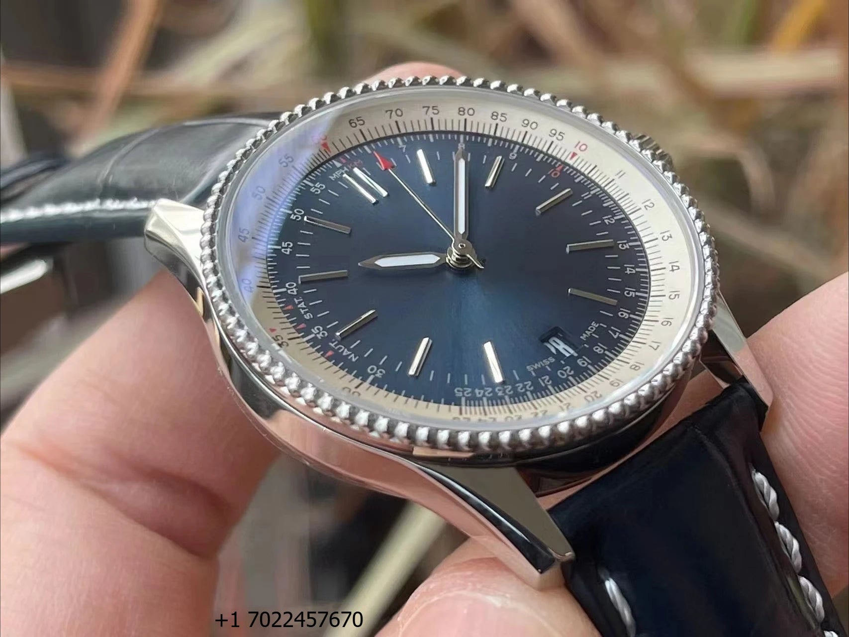 Fashionable, Modern and Luxurious Business Dark Blue Dial Sapphire Crystal Chronograph Date Automatic Mechanical Watch for Men