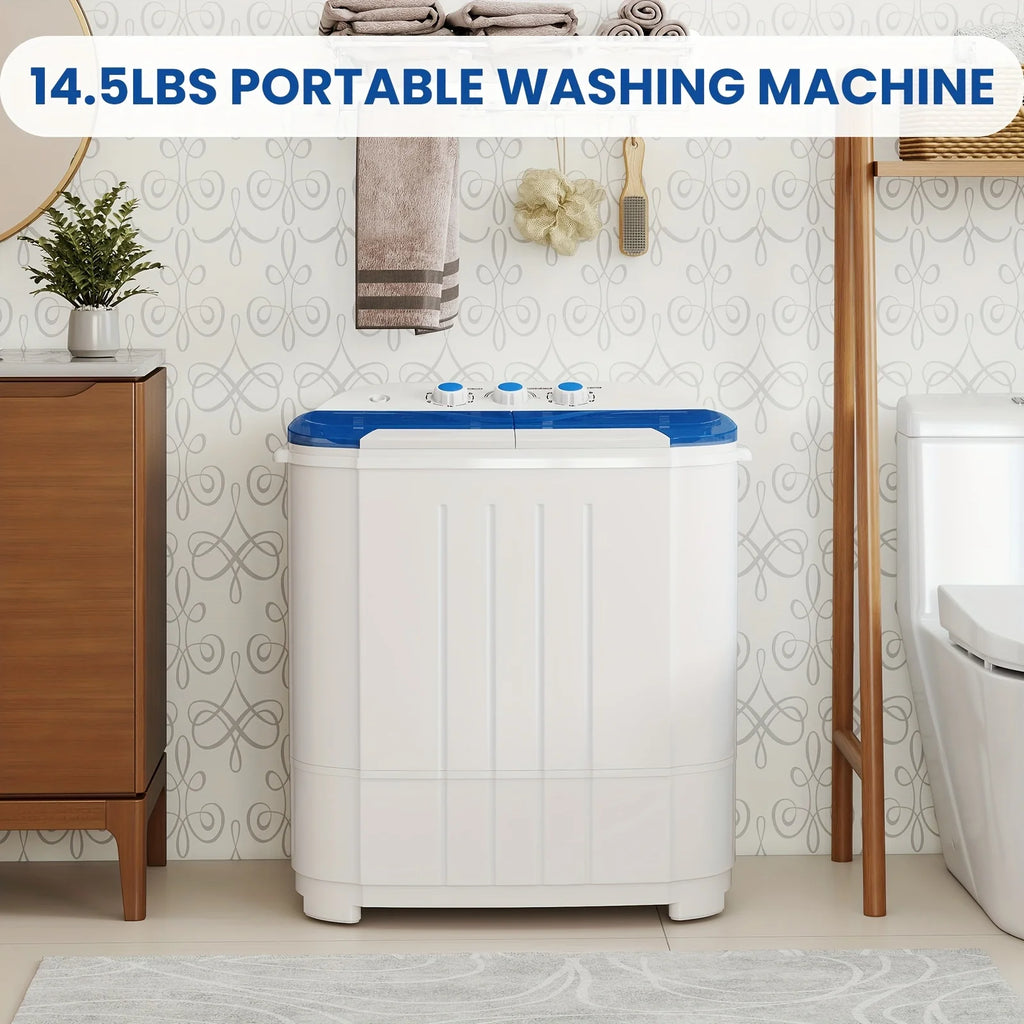 14.5Lbs Portable Washing Machine, Mini Twin Tub Laundry Washer with Gravity Drain, Time Control, Semi-Automatic 9.5Lbs Washer And 5Lbs Spin Dryer Combo for Apartments, Dorms, Rvs