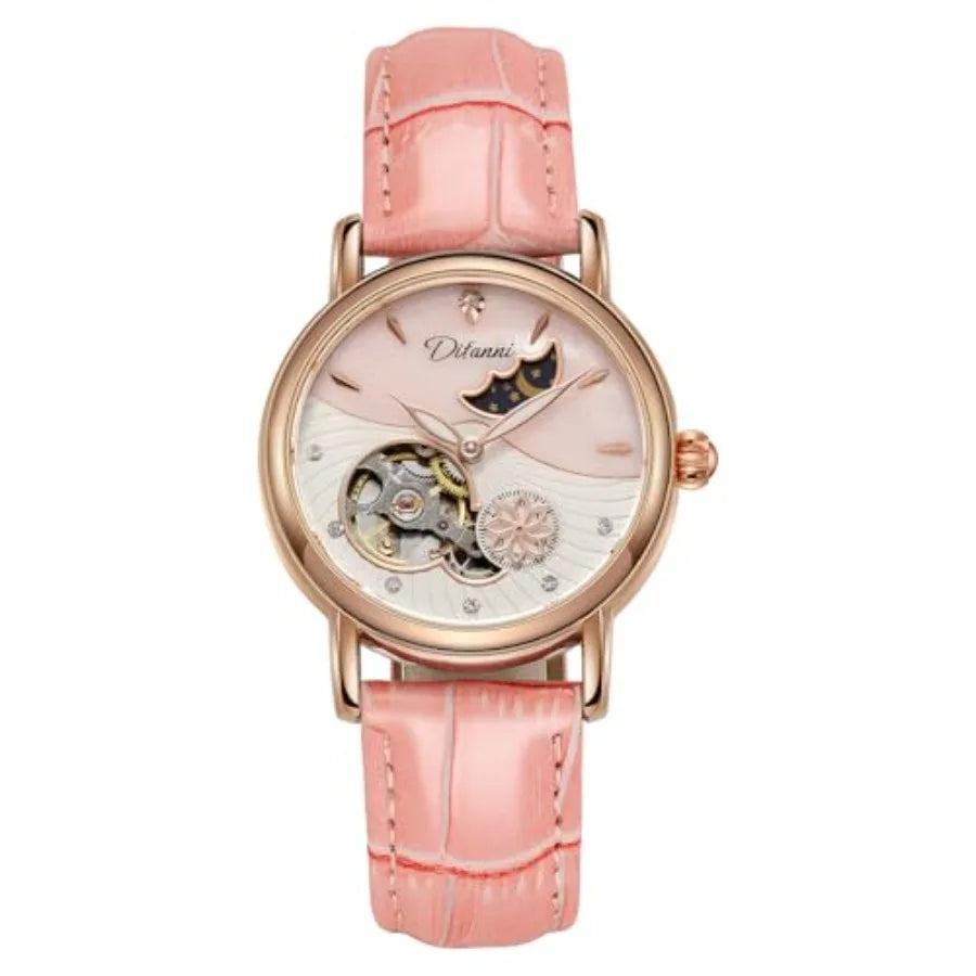 Womens Automatic Mechanical Stainless Steel Moonphase Watches Leather Strap Self-Winding Pearl Skeleton dial Waterproof Ladies