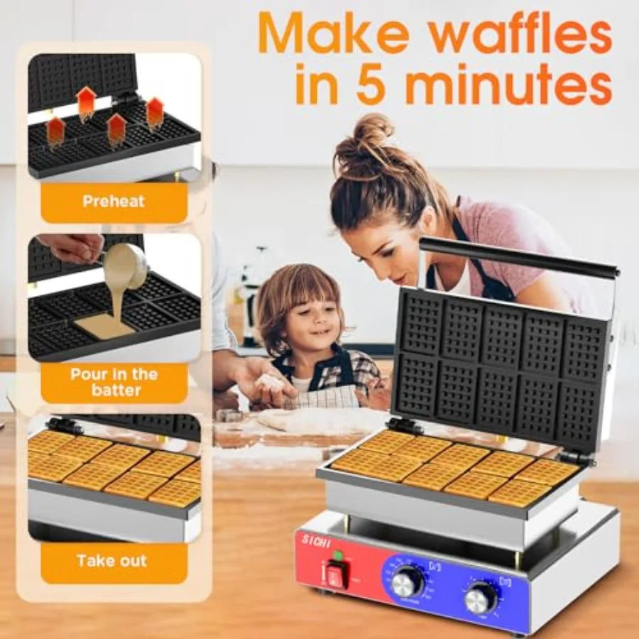 Commercial Square Waffle Maker with Stainless Steel Non-stick Pans 550 Temperature Control and Timer 1550W Double Baking Waffle