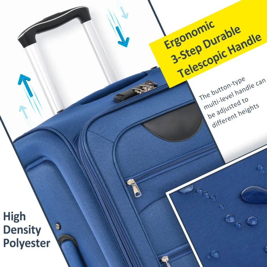 Travel luggage set for airport and business trips: softshell expandable upright spinners in navy blue, lightweight and durable