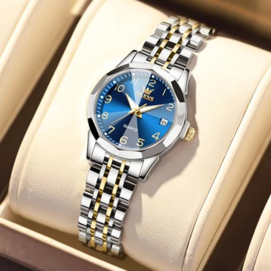 OLEVS Womens Watch Classic Dress Number Female Watches for Ladies Analog Quartz Stainless Steel Waterproof Lumius Day Date Two