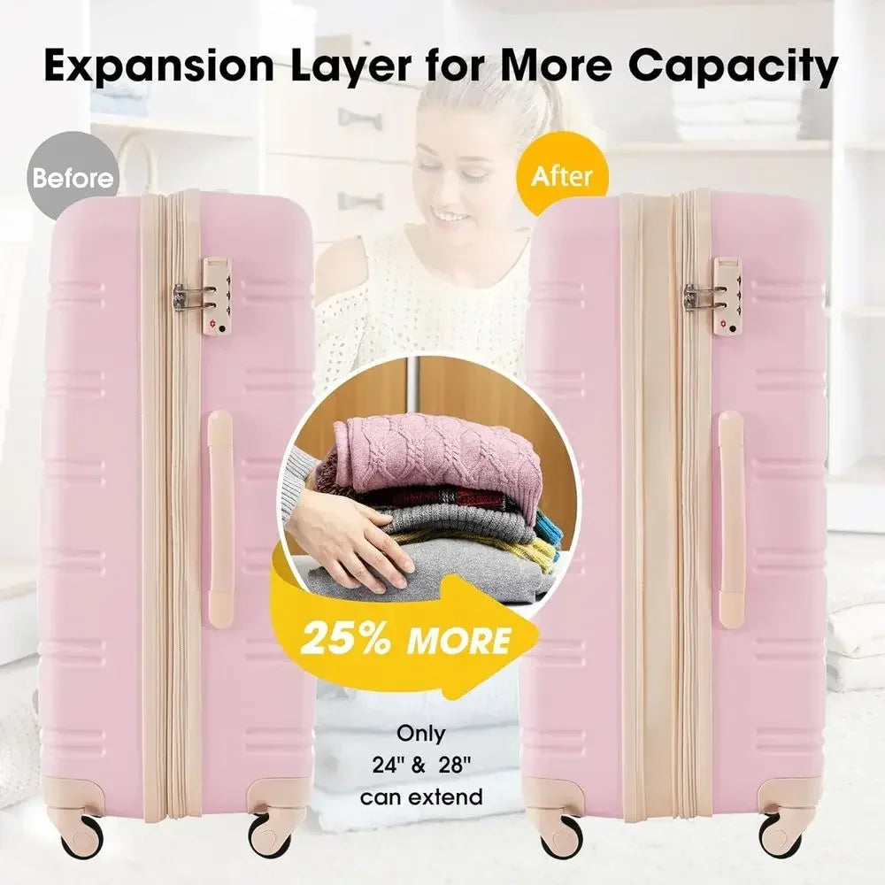 13 Piece Luggage Set with Spinner Wheels, TSA Lock, Expandable Hard Cases in Light Pink, Sizes 16-28 Inches