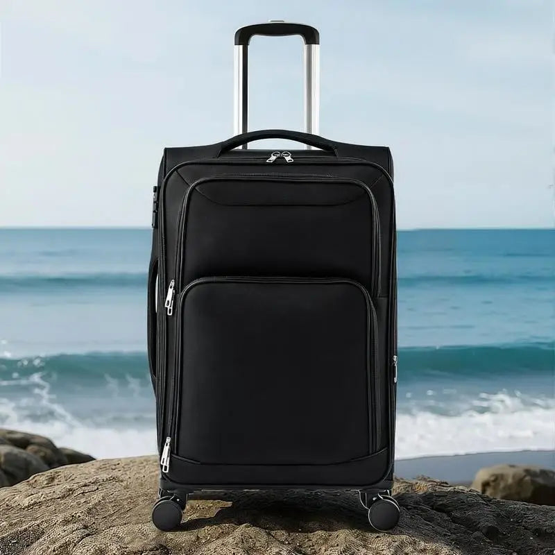 Expandable Softshell Trolley 24-Inch For Business Travel Family Vacation Overseas Study, Medium Checked Suitcase Built-in TSA Lock Multi-directional Spinner Wheels Black Polyester Fabric