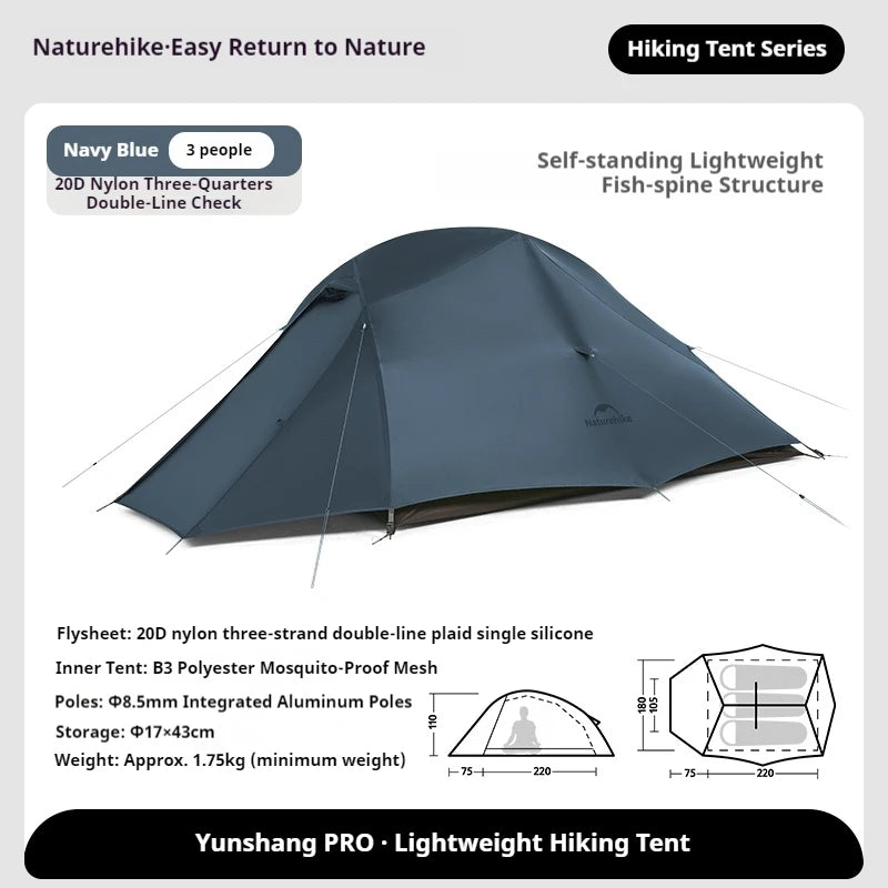 Naturehike Cloud Up Pro Hiking Tent Portable Outdoor Camping Tent 20D Nylon Waterproof Windproof Lightweight Tent for 3 Person