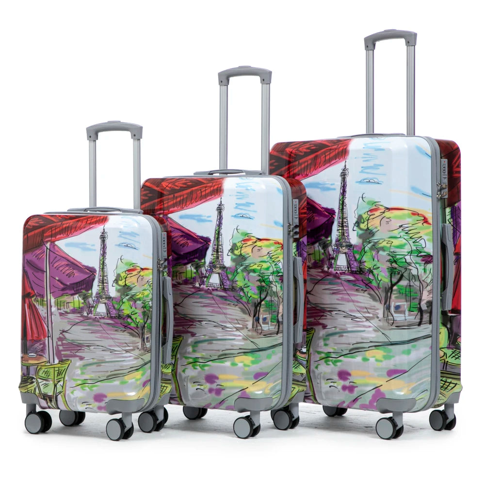 20/24/28 3 pcs/set in PC Spinner Wheel Luggage, Carry on Suitcase, With Printed pattern and Combination Lock (Coffee+Iron Tower)