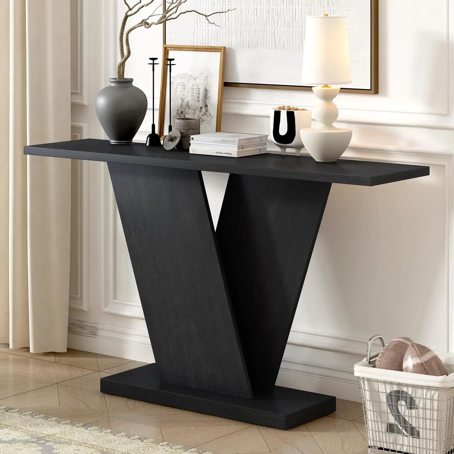 V-Shaped Base Console Table Natural Wood Veneer Entryway Hallway Living Room 59.8" W X 14.2" D X 33.8" H, Customized