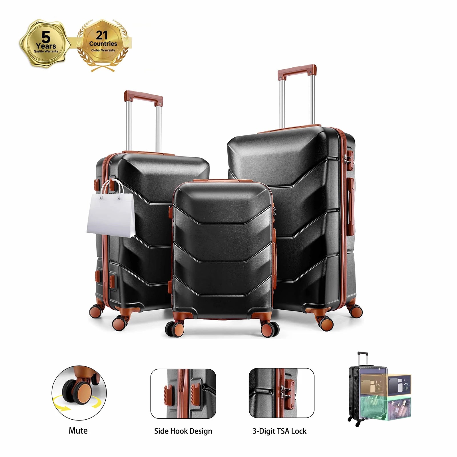 3pcs Luggage Set ABS Hardshell Suitcase With Spinner Wheel TSA Lock Side Hook Carry On Luggage For Business Trip 20/24/28 Inch