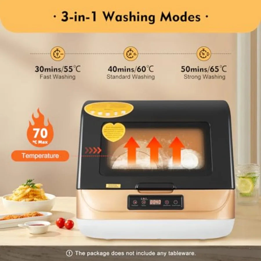 Portable Mini Dishwasher for Apartments RV with 7.8L Water Tank 3 Programs 70 High-Temp Wash Residual Temperature Air-Cooled Dr