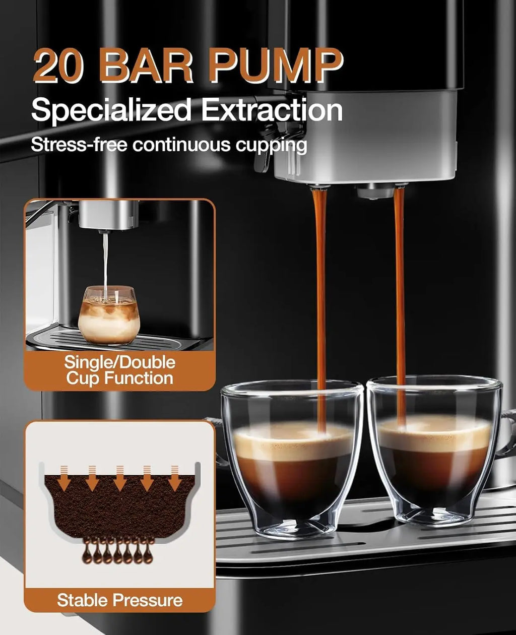 20-Bar Fully Automatic Espresso Coffee Machine with Grinder,Auto Milk Frother,Auto-Cleaning Coffee Maker for Latte Cappuccino