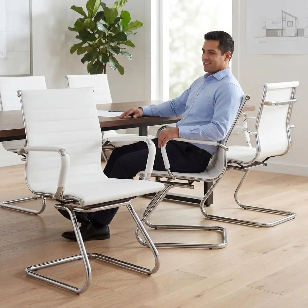 Set of 6 White PU Leather Office Chairs without Wheels for Computer, School, Conference, and Waiting Rooms