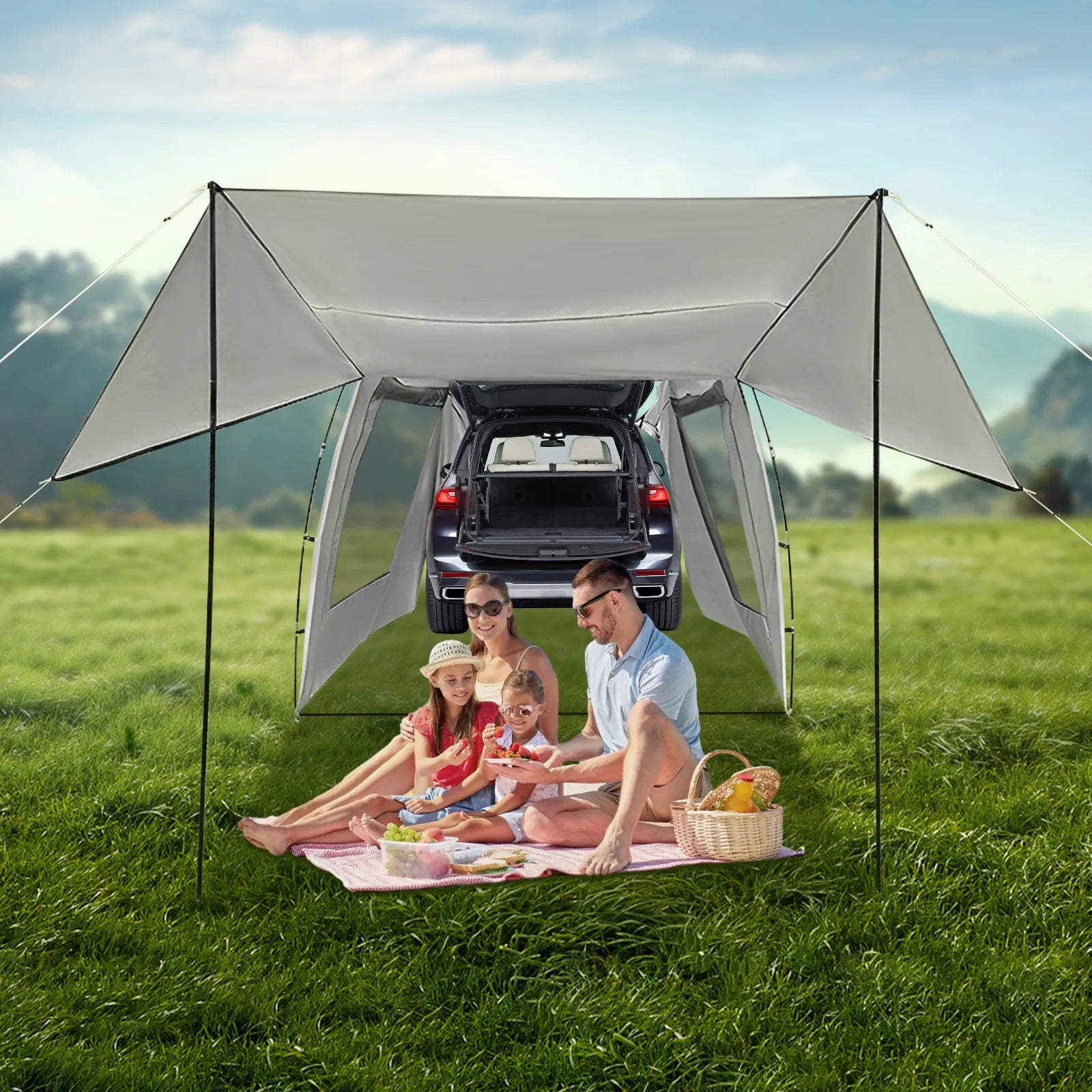4.85*2.4*1.95m Car Awning Outdoor Tent Car 210T Polyester Fabric Tent Attachment for Camping Car Camping Tent