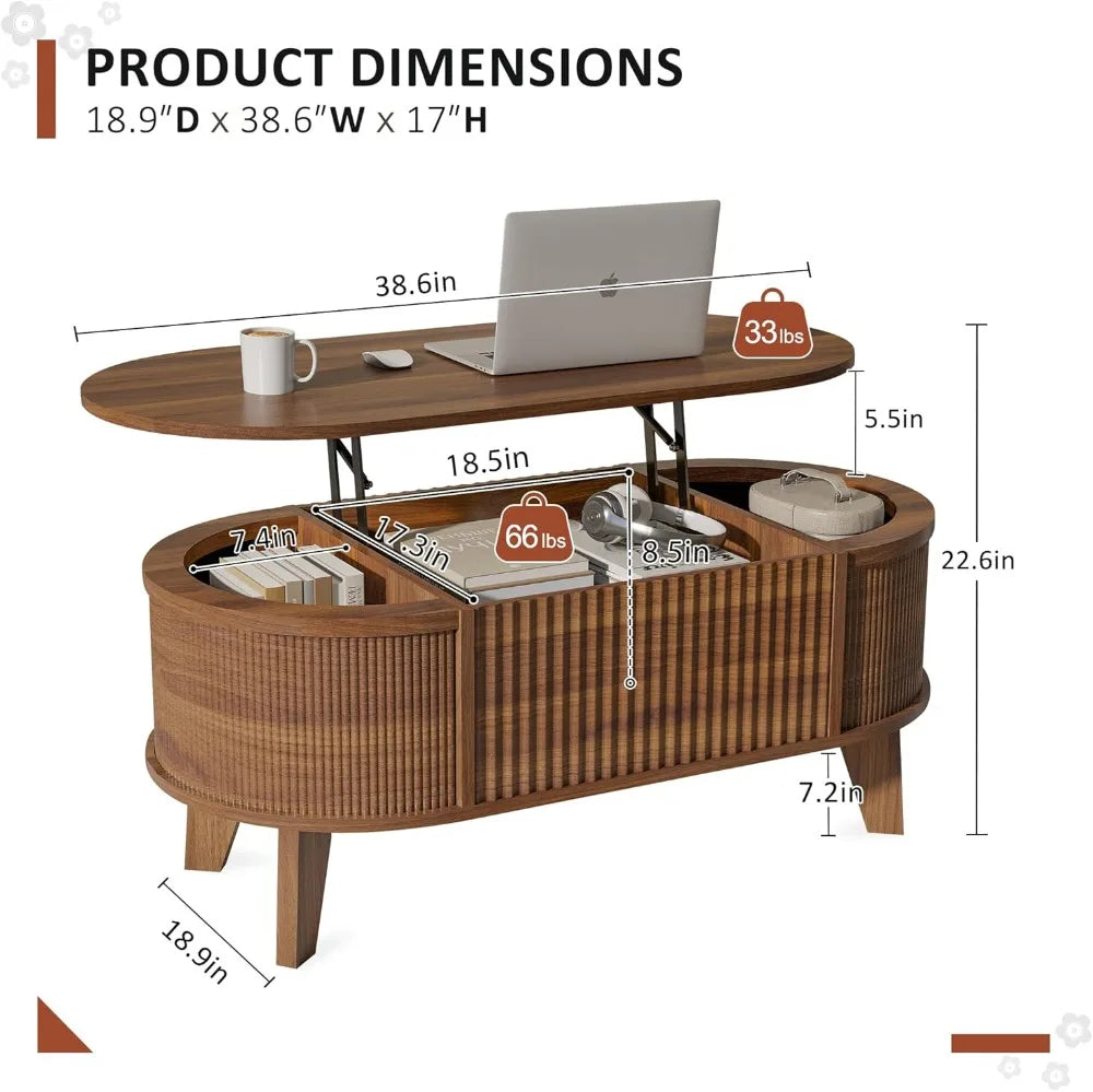 Fluted Lift Top Coffee Table with Storage, Modern Oval Coffee Table for Living Room or Home Office (Walnut)
