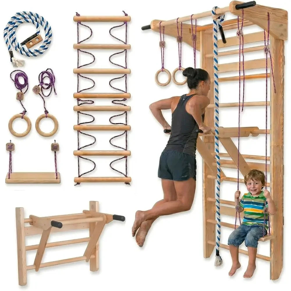 Wooden Wall Ladder with Pull-Up and Dip Station - Multifunctional Home Gym Equipment for Strength and Stretching