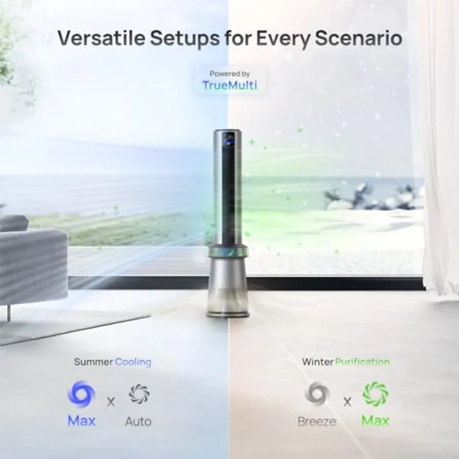 Bedroom tower fan, ABS plastic, silver blue, 2-in-1 air purifier and fan with 27ft/s velocity, 120 oscillation, 24H timer, 25dB