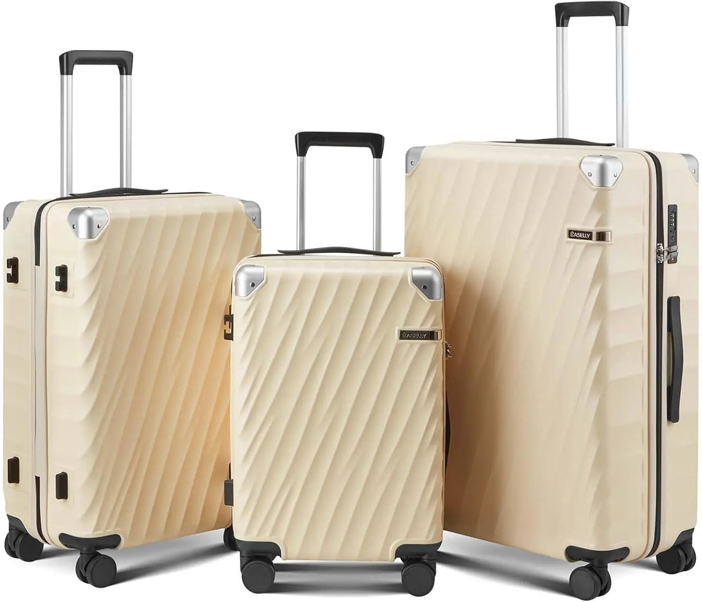 3 Piece Luggage Set, PC Hard Shell Spinner Suitcase with TSA Lock & YKK Zippers, Carry On (20/24/28), Beige