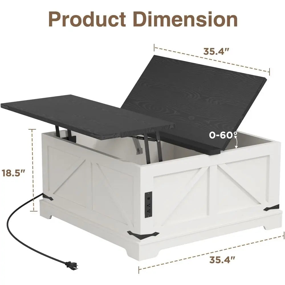 White 35.4 Wide Storage Coffee Table with Lift Top and Charging Station