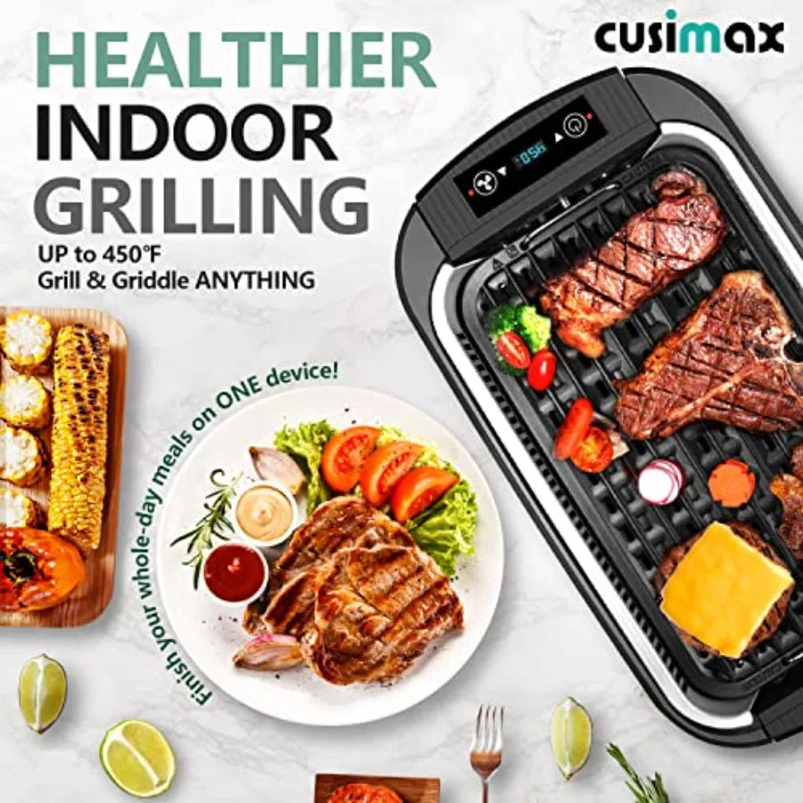 Indoor Grill Smokeless 1500W Electric Griddle for Korean BBQ with LED Smart Display Tempered Glass Lid Non-stick Removable Plat