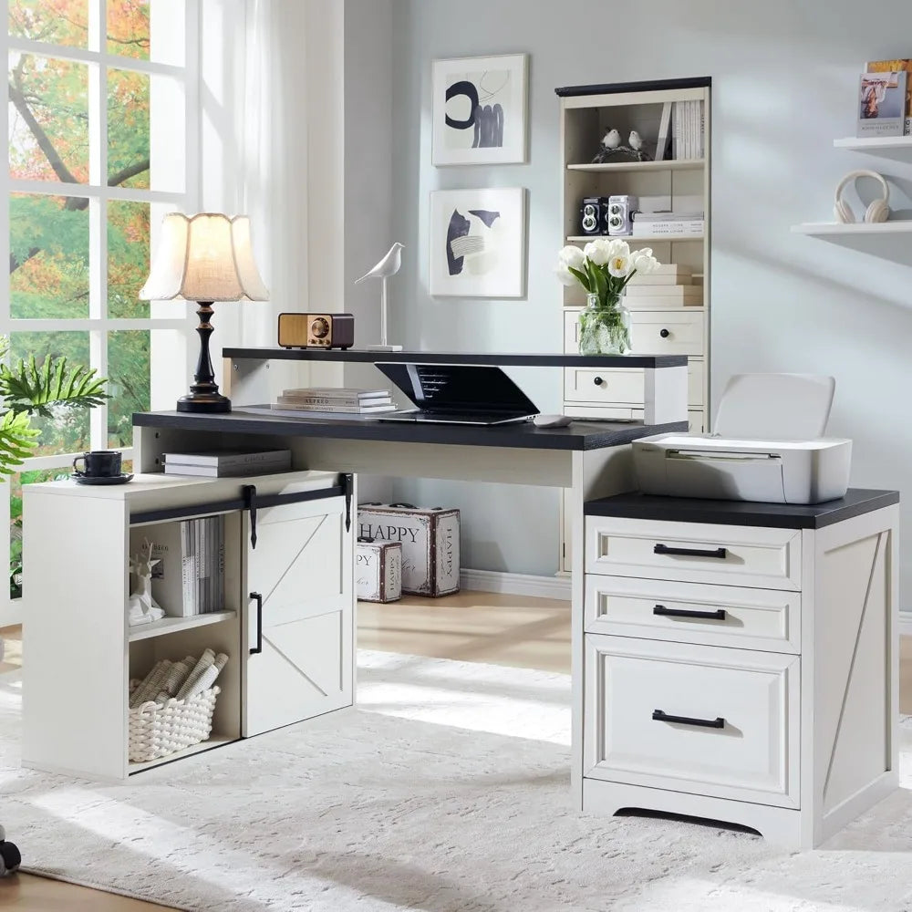 Home Office Desk, Modern Farmhouse Computer Desk with File Cabinet Letter T4 F4 Legal, Study Writing Desk, 67 Inch, Off White