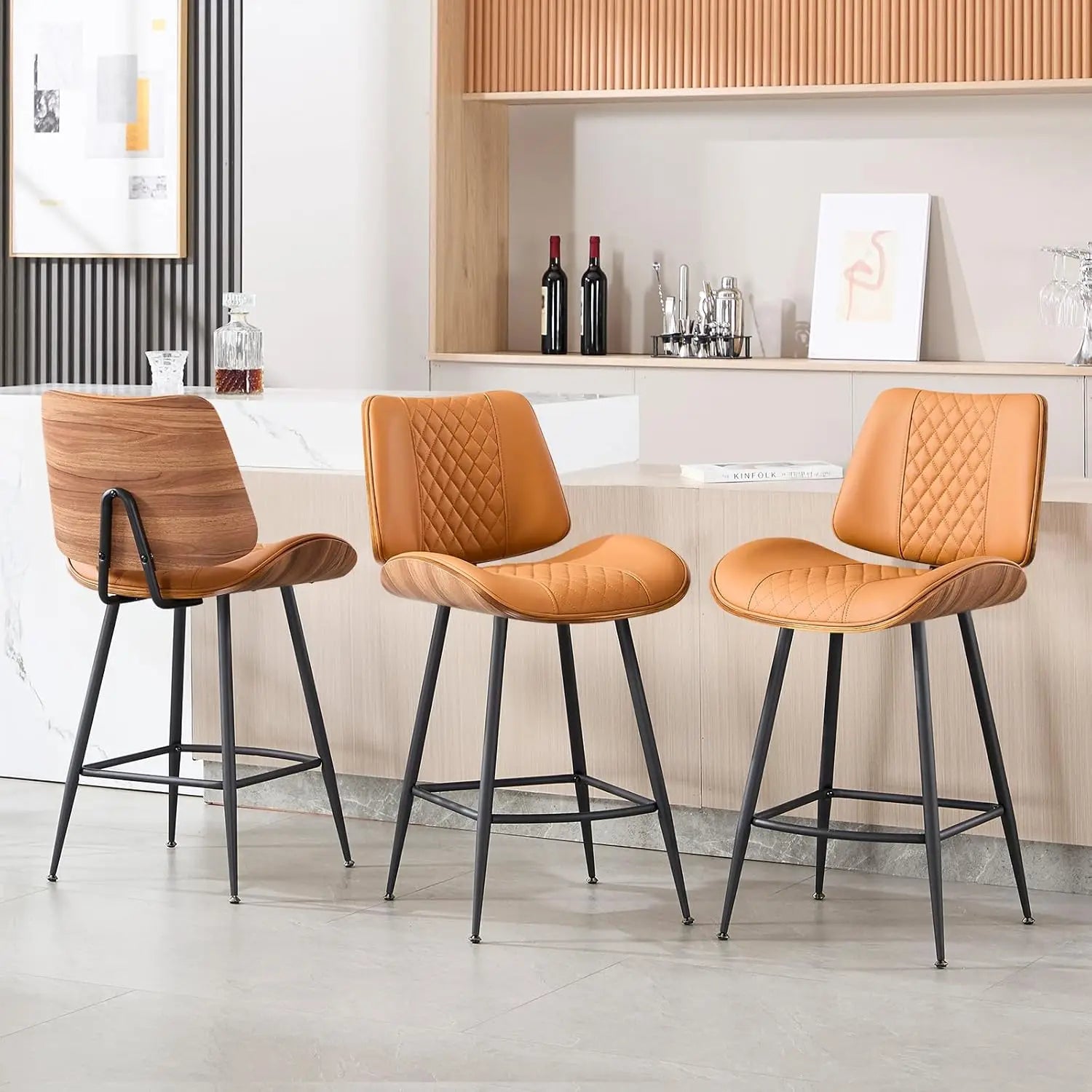 Counter Height Barstools Set of 3, 26.9" Armless Stools with Metal Legs, Walnut Pub Chair in Modern Style, Customized