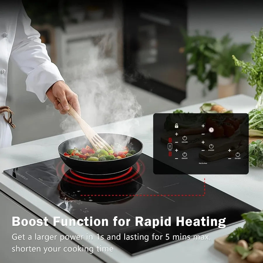 30 Inch Induction Cooktop - 4 Burner Built-In Electric Stove with Bridge-SYNC Booster Timer Child Lock 9000W 220-240V Hardwired