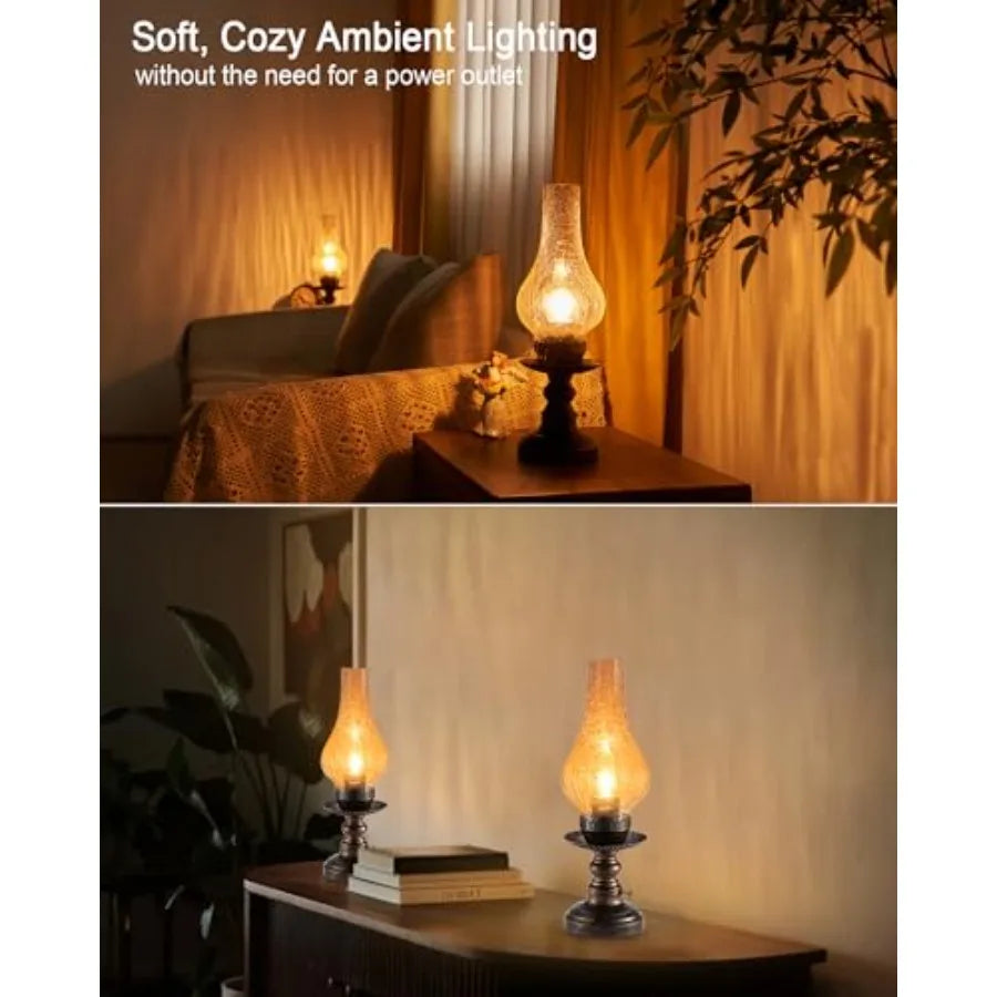 Vintage Rechargeable Cordless Table Lamp with Dimmer and Touch Control, Small Battery Powered Lights, Amber Hand-Blown Glass Re