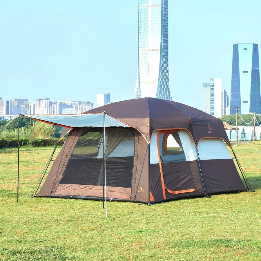 Extra Large Tent 6-10-12-14 Person Style-B Family Cabin Tents with 2 Rooms 3 Doors and 3 Windows Featuring Mesh Panels Straight