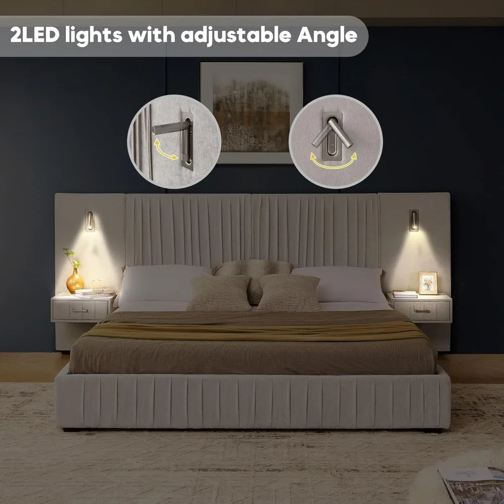 King Size Luxury Bed Frame with Pleated Design Headboard, Upholstered Hotel Platform Bed with Built-in LED Lights and Nightstand