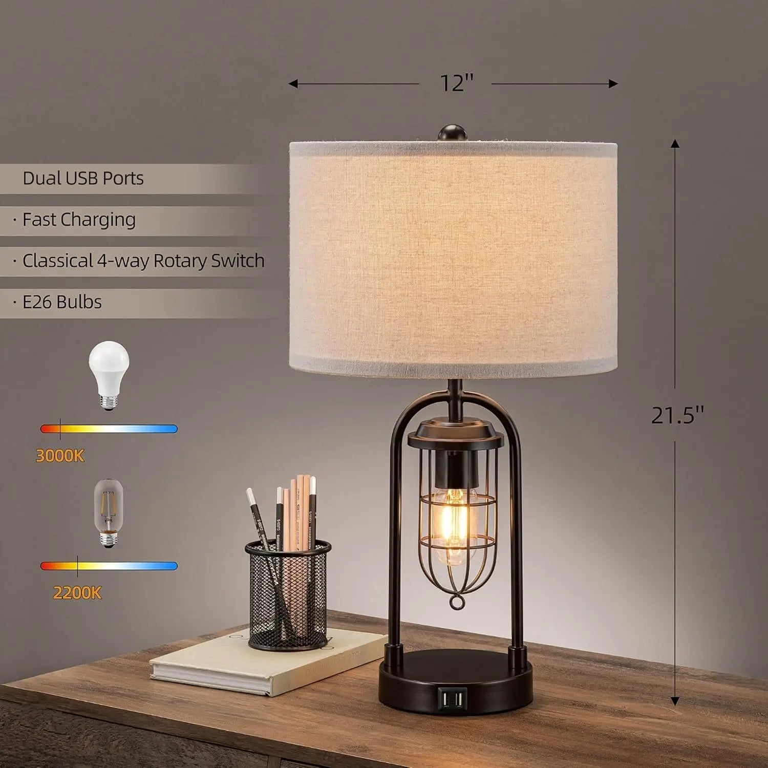 Set of 2 Modern Table Lamps with USB Ports and Night Light for Living Room Bedroom (Bulbs Included)