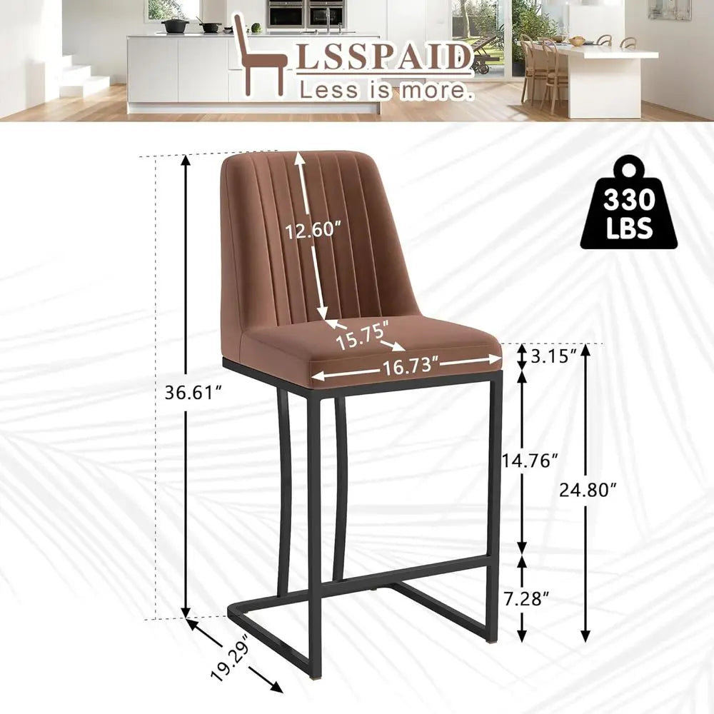 Set of 4, 24.8 Velvet Upholstered Counter Height Bar Stools with Footrests and Black Metal Legs, Brown