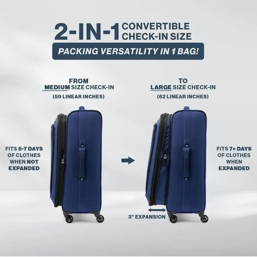 3-Piece Luggage Set: Underseat Tote, Convertible Carry-On, 28-Inch Expandable Suitcase with 4 Spinner Wheels, Blue