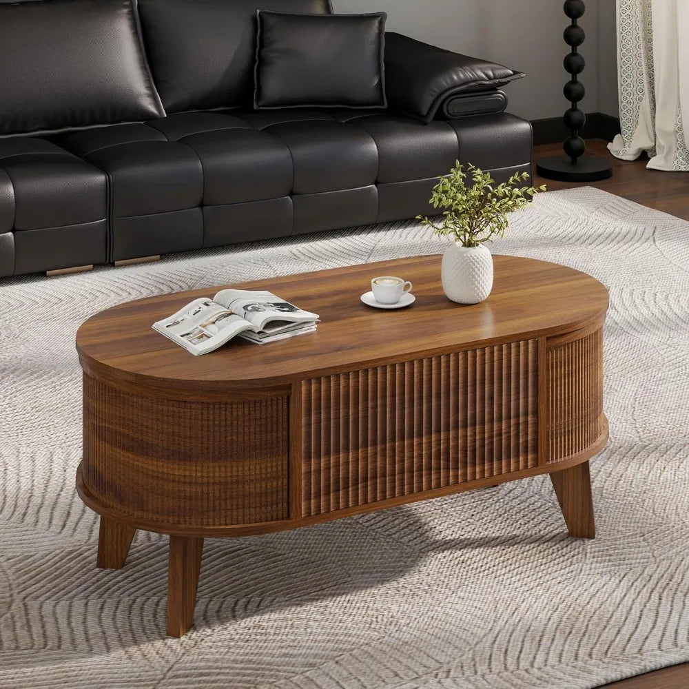 Fluted Lift Top Coffee Table with Storage, Modern Oval Coffee Table for Living Room or Home Office (Walnut)