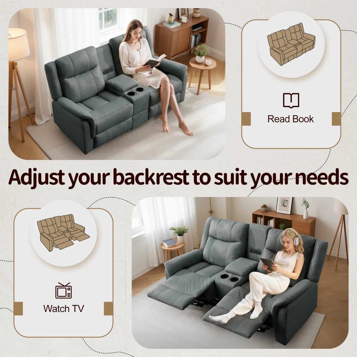 Korser 2-Seater Loveseat Recliner, Reclining Sofa with USB Ports, Cup Holders for Home Theater
