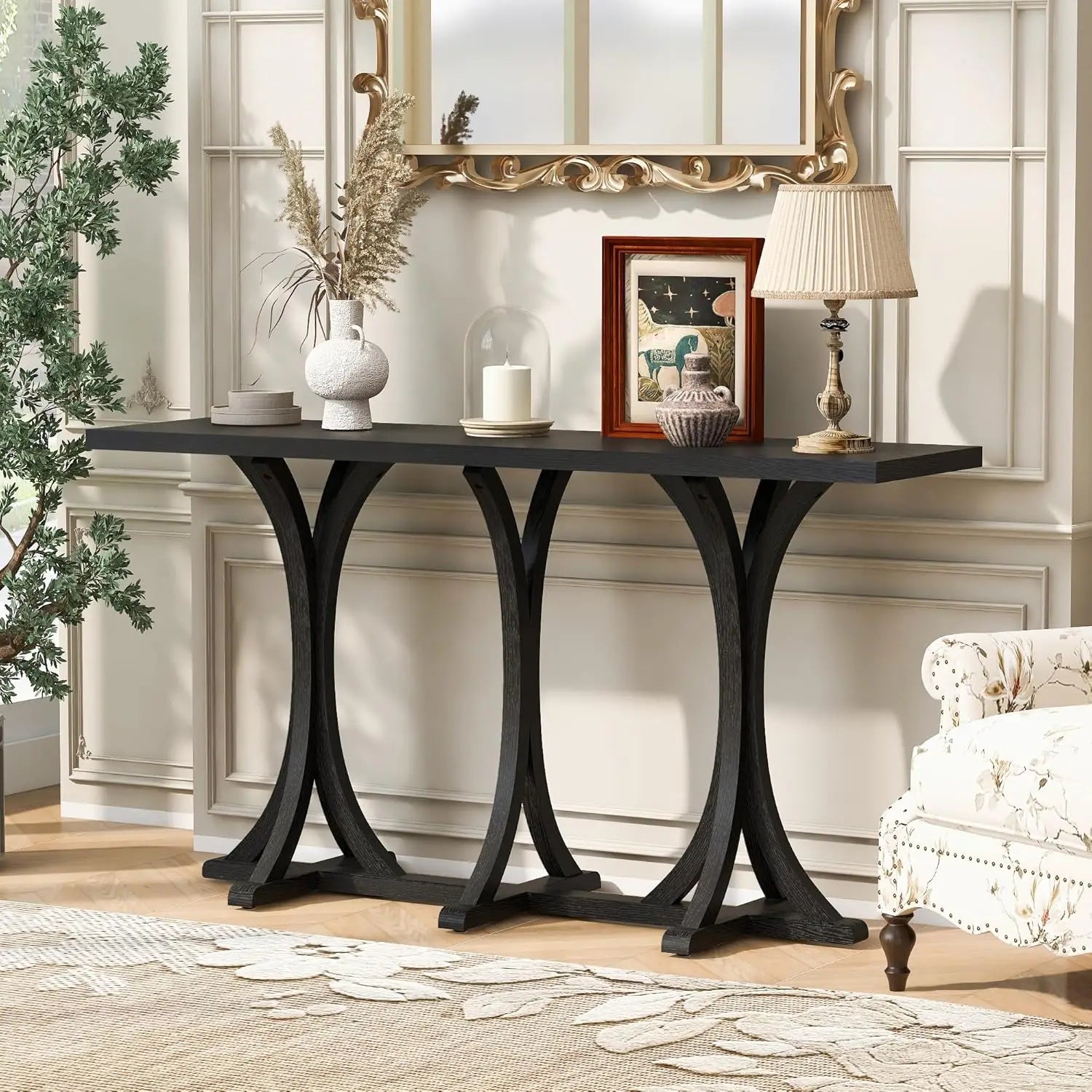 V-Shaped Base Console Table Natural Wood Veneer Entryway Hallway Living Room 59.8" W X 14.2" D X 33.8" H, Customized