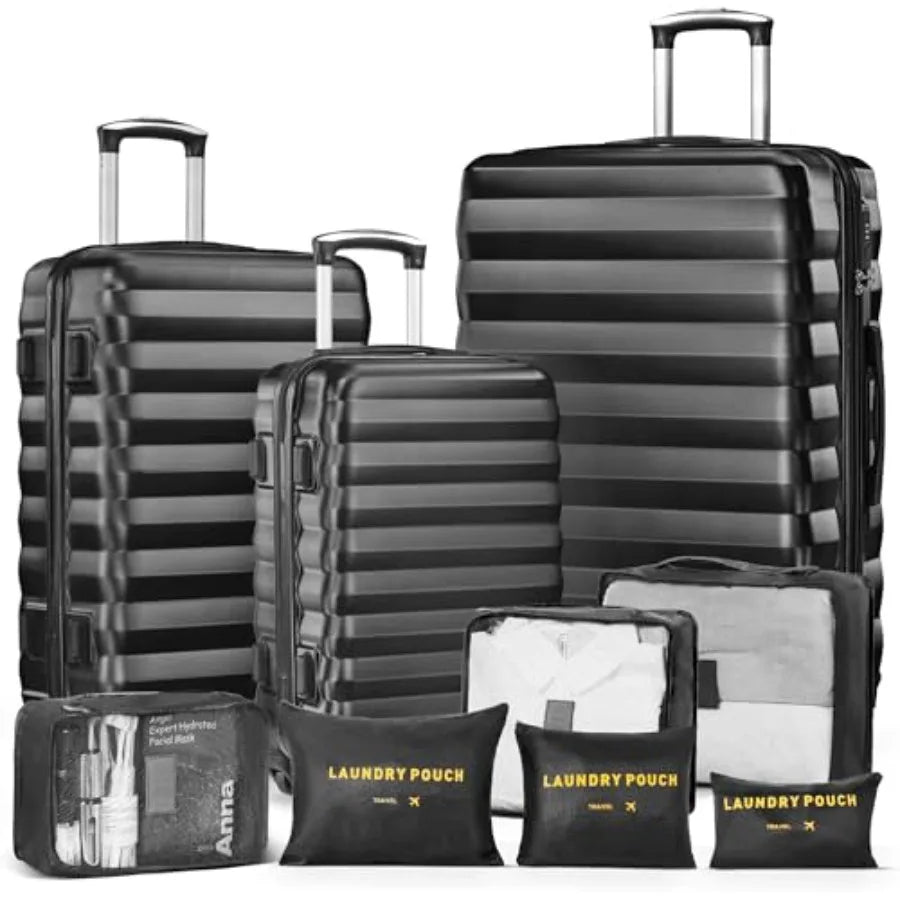 3 Piece Luggage Sets ABS Hardshell Suitcase with Spinner Wheels in Black with 6PC Packing Bags for Travel and Business Use