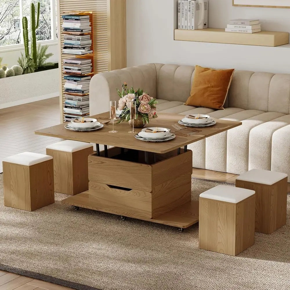 Natural Wood Coffee Table with Hidden Storage, 3-in-1 Multifunctional Center Table with 4 Stools and Wheels
