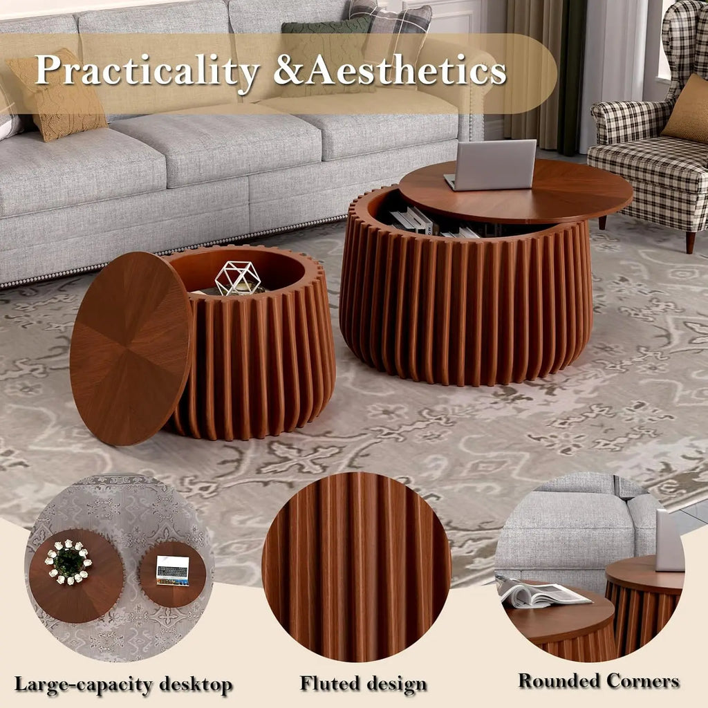 Round Storage Fluted Nesting Coffee Table Set of 2, Mid Century Modern Handcraft Circle Nested Coffee Table Set for, Customized
