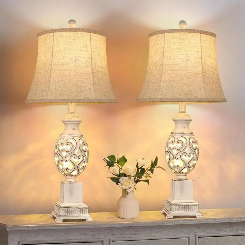 Set of 2 Table Lamps, 28" Tall Bedside Lamps with Nightlight, Rustic Farmhouse Nightstand Lamps with Linen Shades for Living