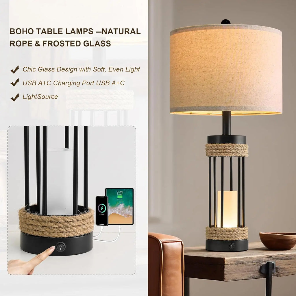 25" Farmhouse Table Lamps Set of 2 with Night Light, USB Charging Ports, Rustic Black Metal and Rope Design